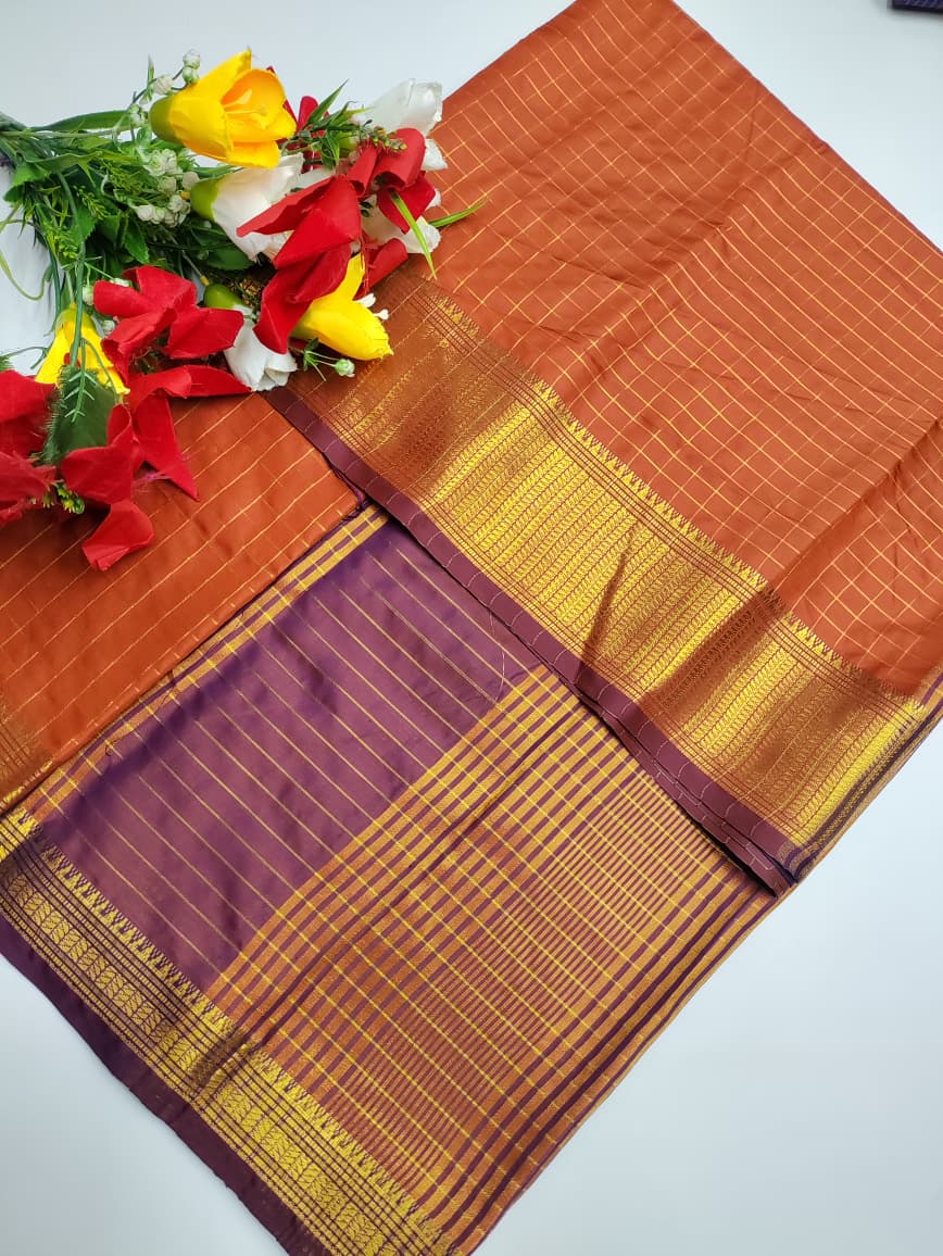 Rust Orange Checks Saree RG36