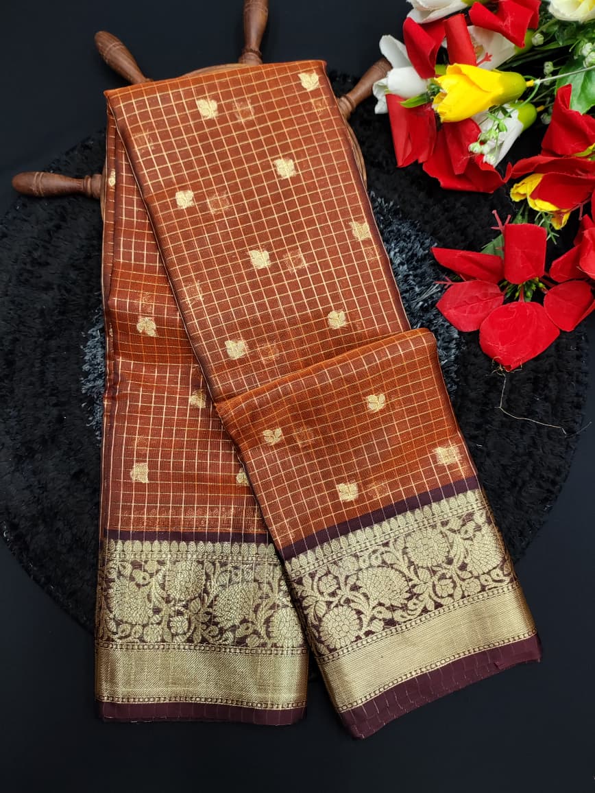 Rust Orange Checked Saree RG46