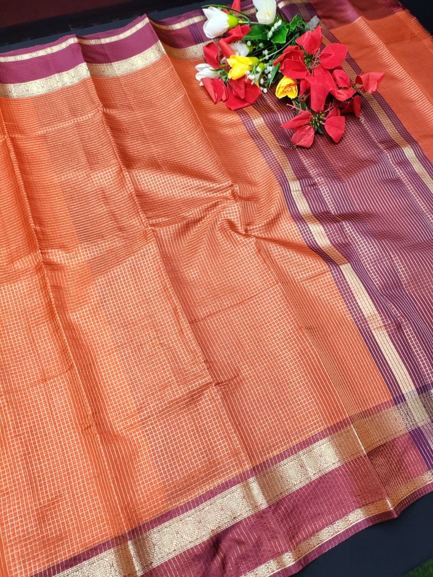 Rust Orange Checked Saree RG41