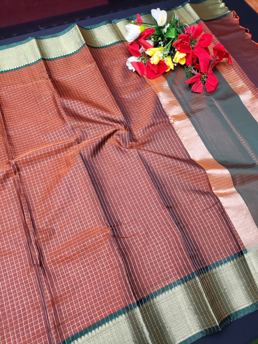 Rust Orange Checked Saree RG42