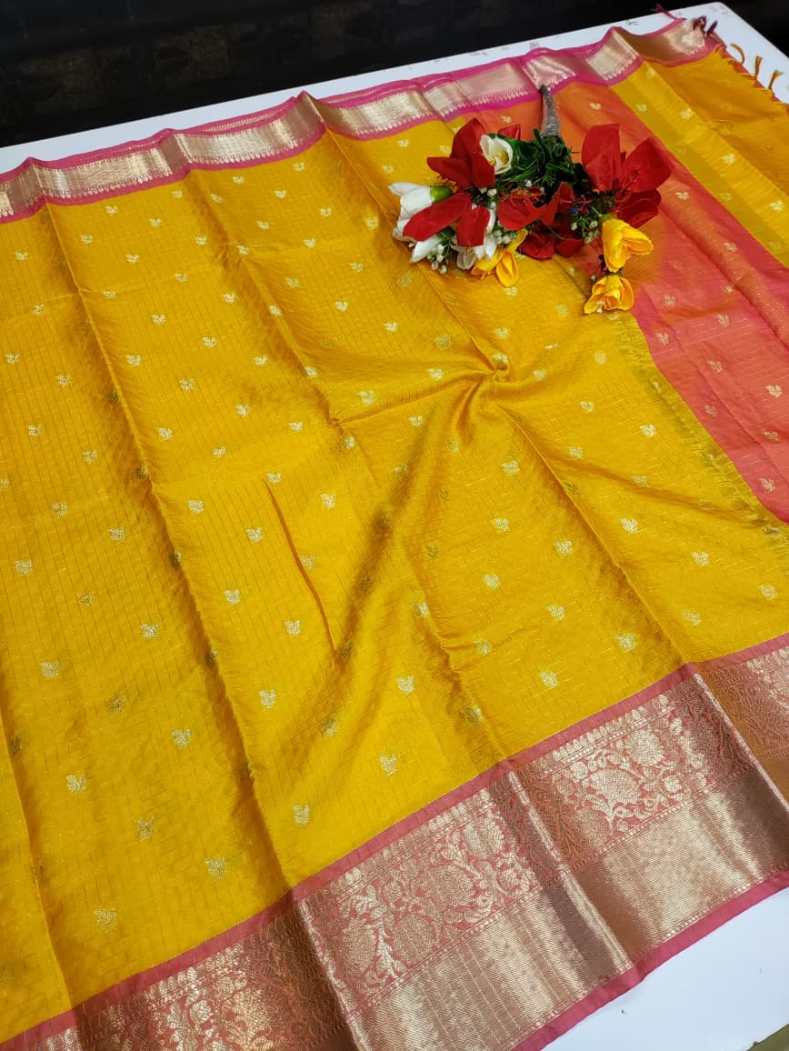 Banarasi Checked Yellow Saree FV45