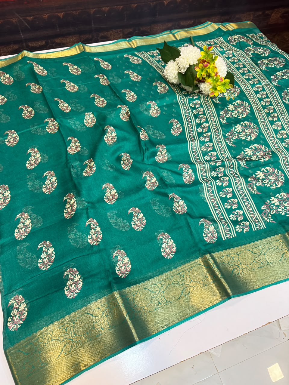 Buy Galaxy Fancy Saree with elegant Zari Dola work and contrast blouse.