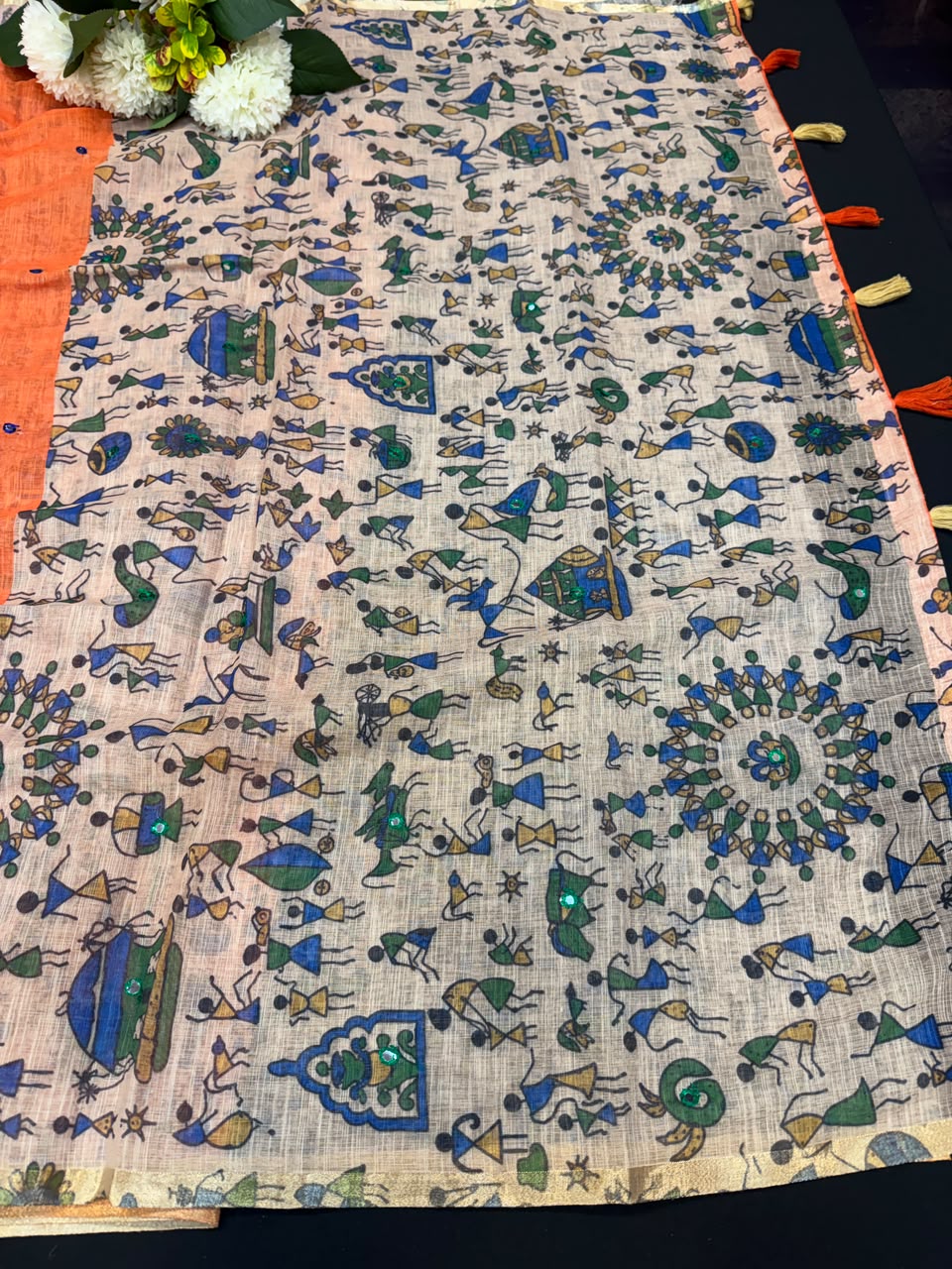 Mina Linen Printed Saree with Mirror Work for Festival Wear