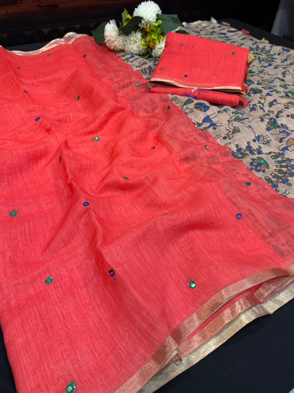 Mina Linen Printed Saree with Mirror Work for Festival Wear