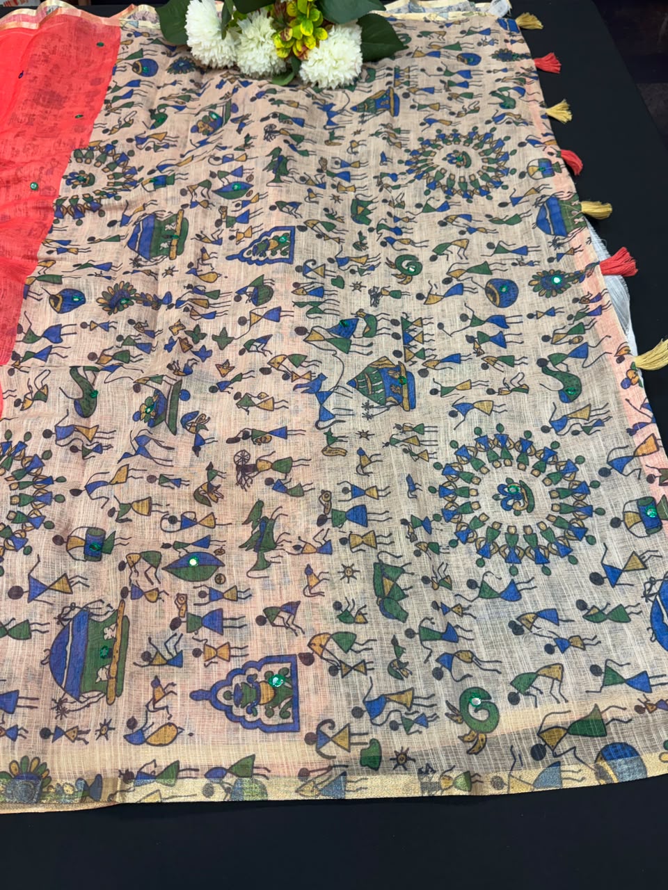 Mina Linen Printed Saree with Mirror Work for Festival Wear