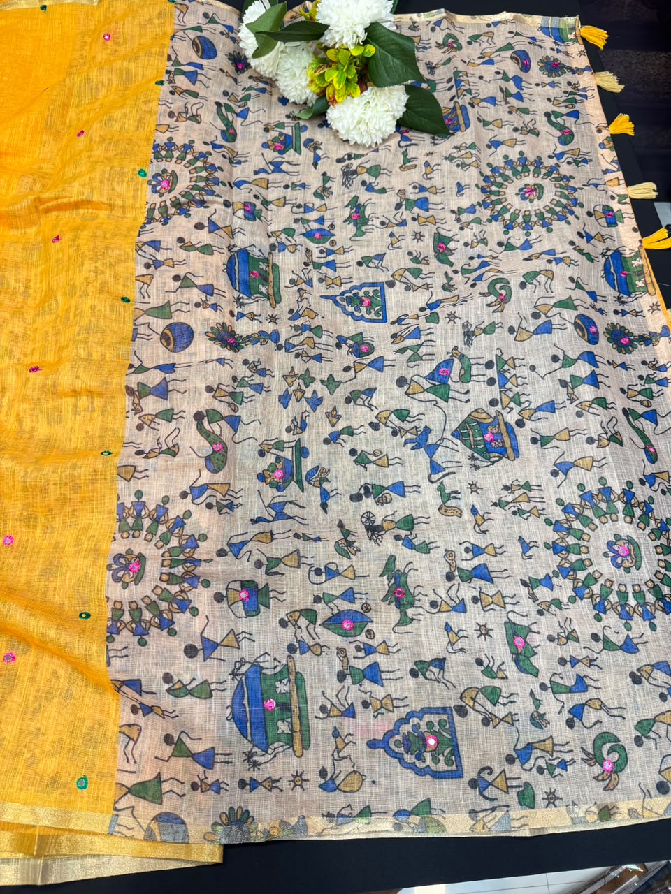 Mina Linen Printed Saree with Mirror Work for Festival Wear