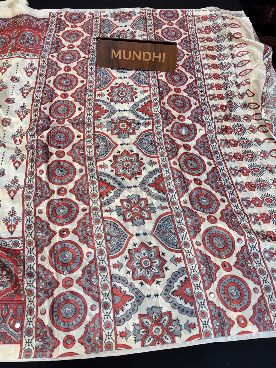 Chinon Mirror fancy saree for women office wear