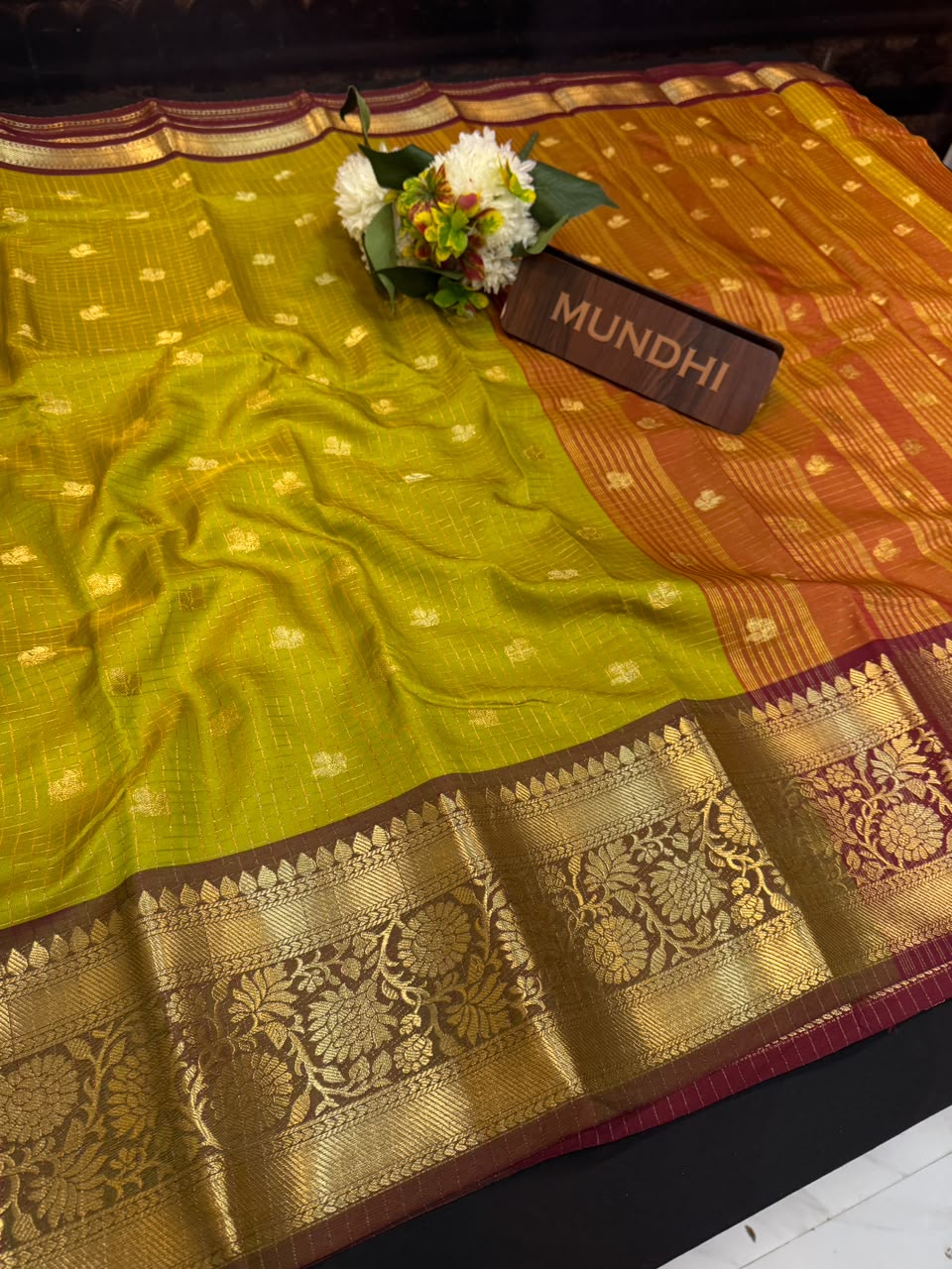 Rust Green Banarasi Checked Saree with Zari Work for Women| RG62