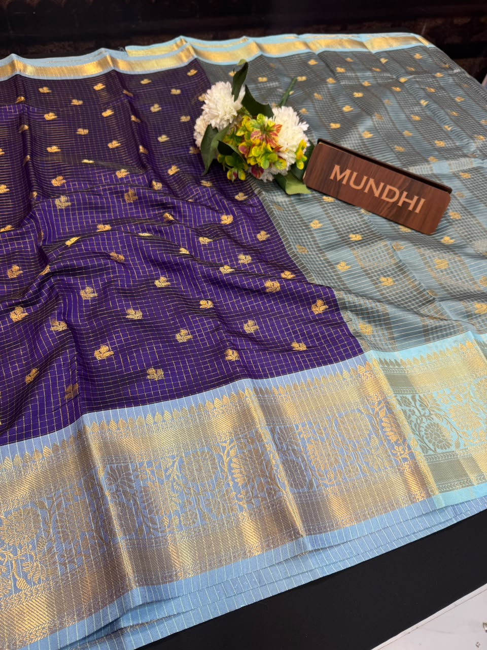 Rust Navy Banarasi Checked Saree with Zari Work for Women| RG64
