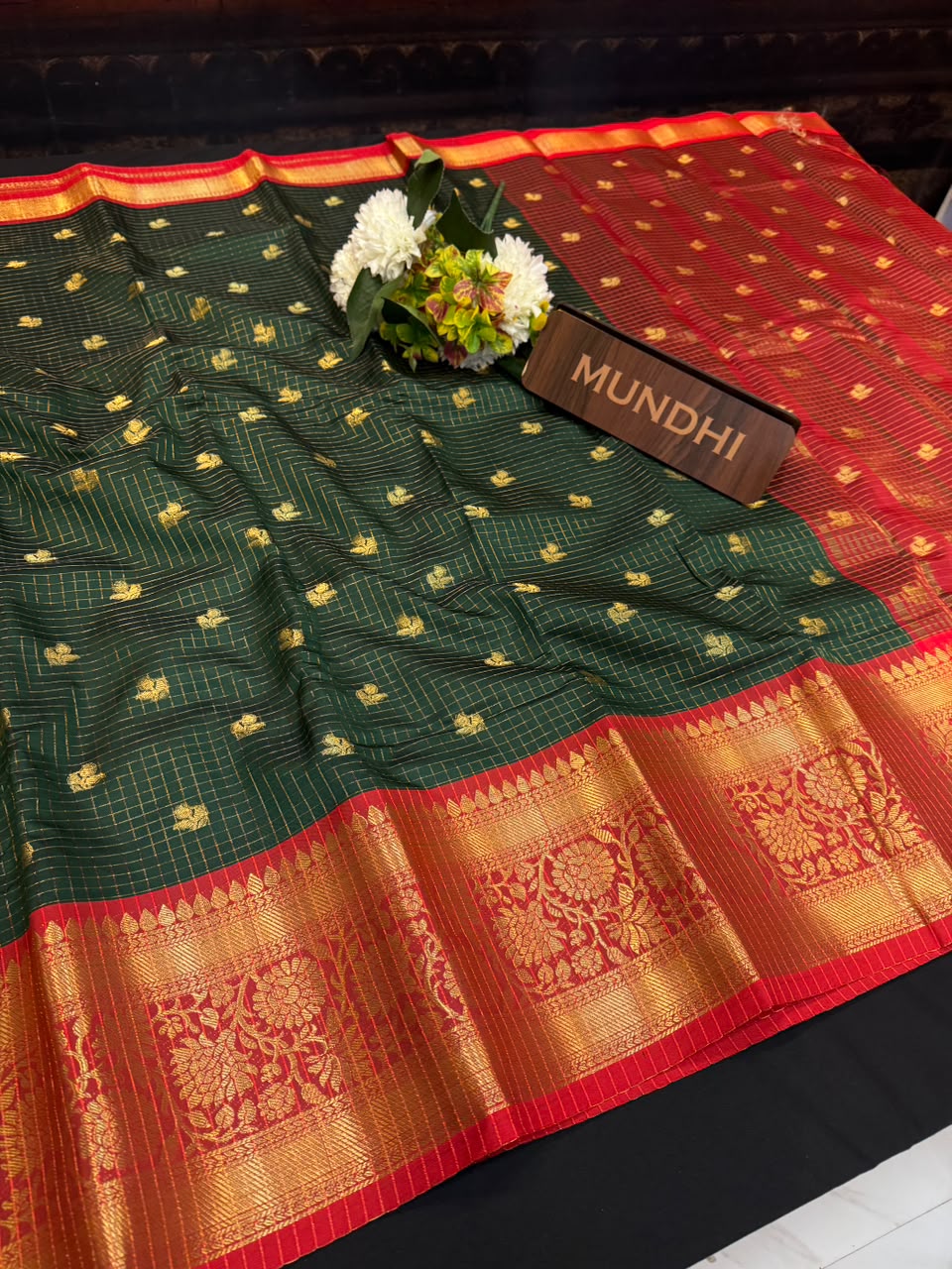 Rust Dark Green Banarasi Checked Saree with Zari Work for Women| RG65