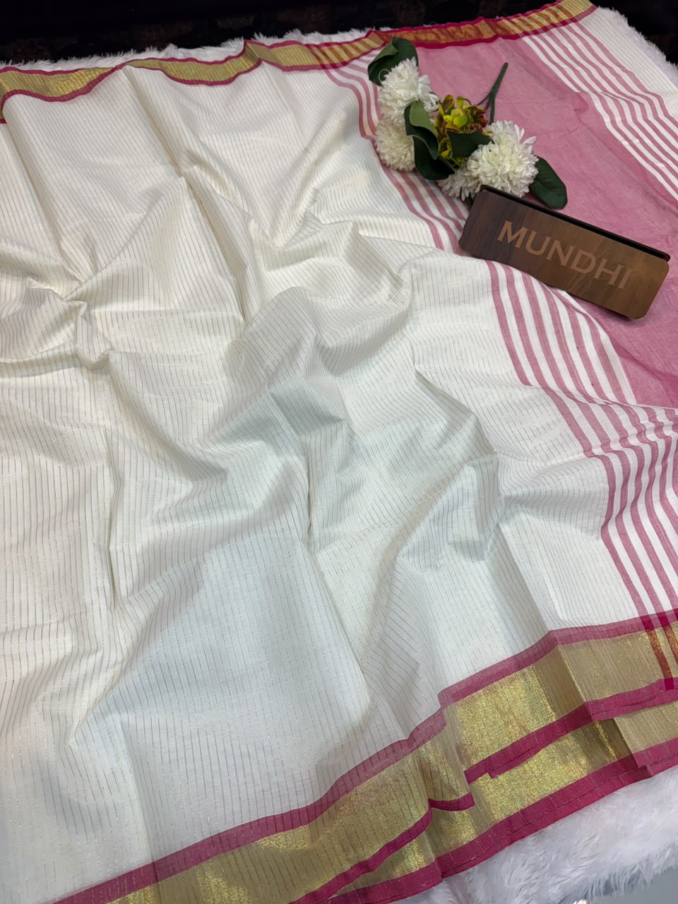 Kerala Style Kasavu Cotton Saree with traditional zari design