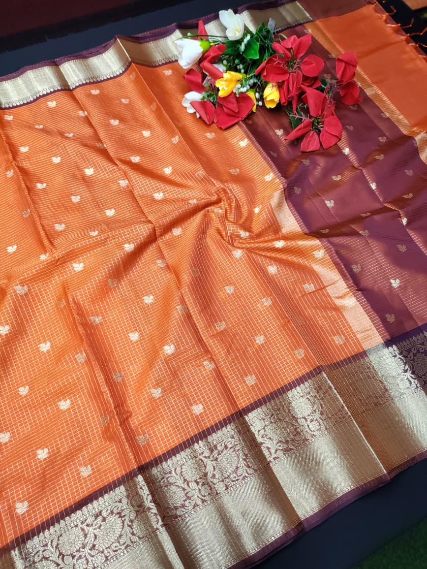 Rust Orange Checked Saree RG43