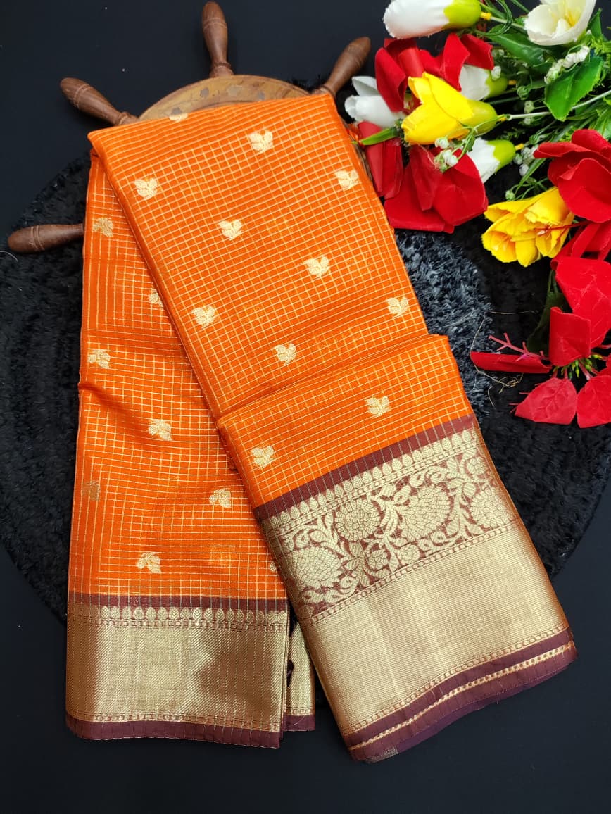 Rust Orange Checked Saree RG43