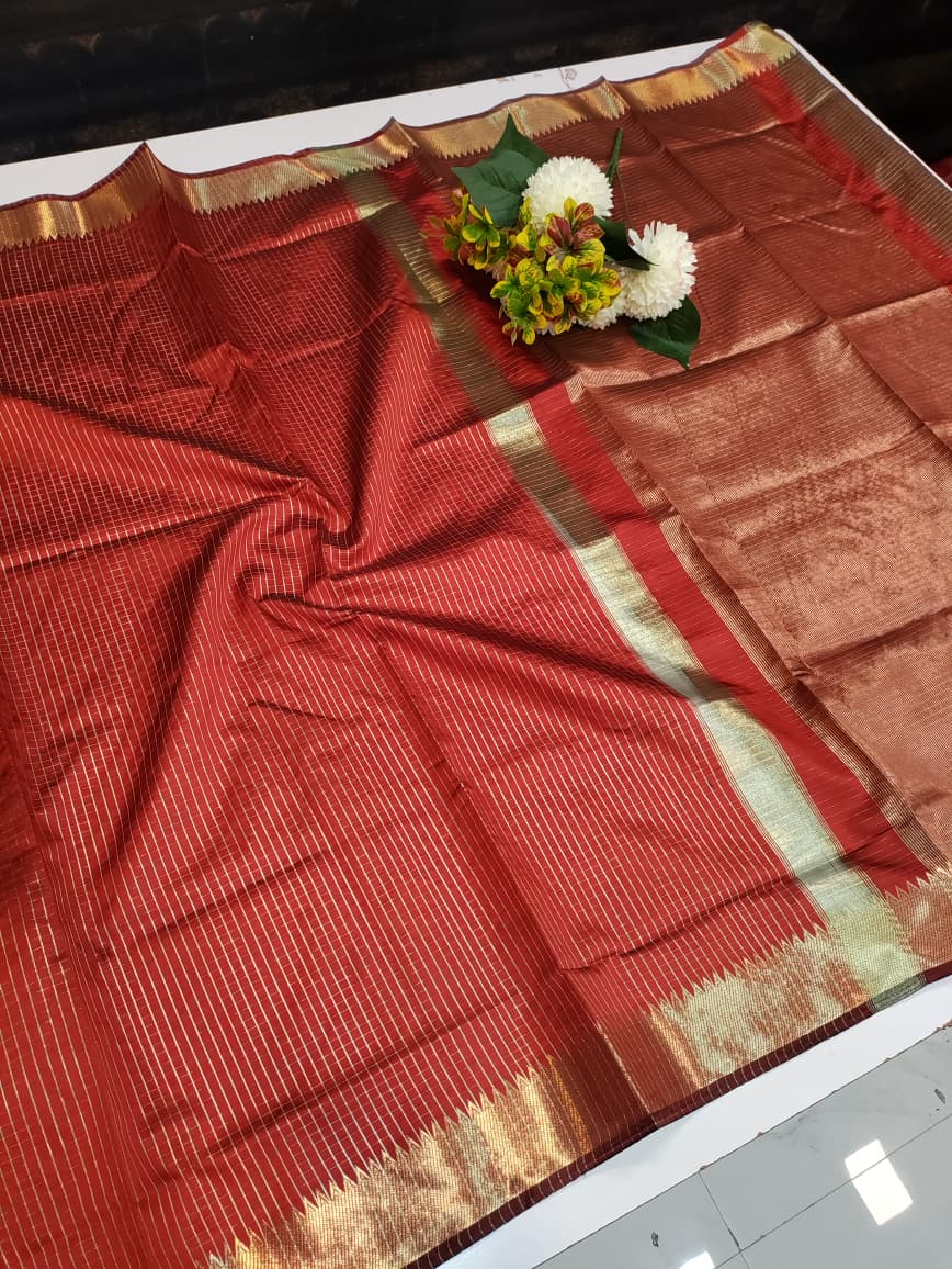 Raw Banarasi Checks Zari Saree for Wedding Wear Women