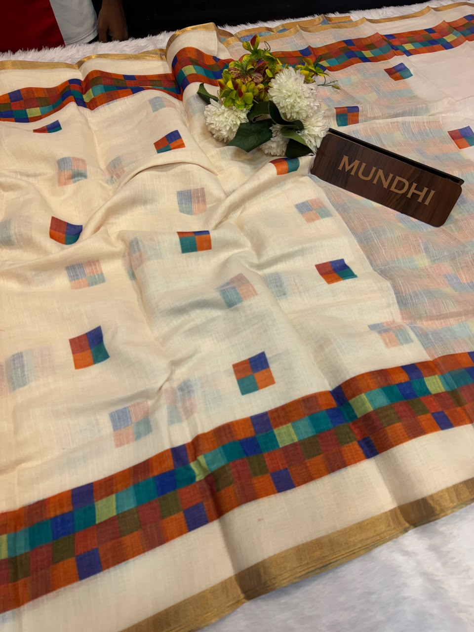 Madras White Checks Fancy Cotton Saree | MCC32