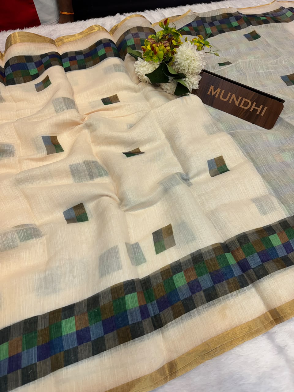 Madras White Checks Fancy Cotton Saree | MCC38