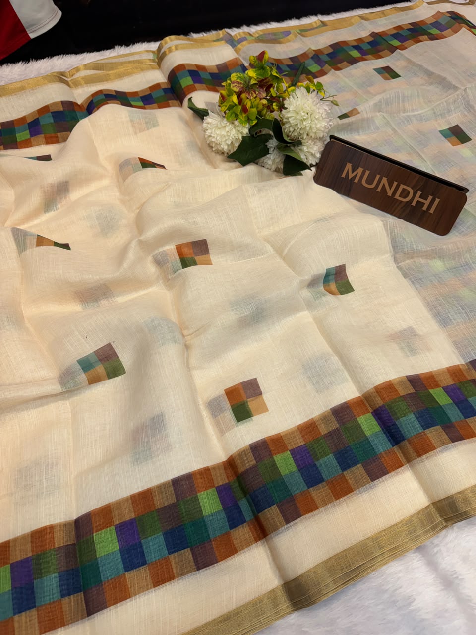 Madras White Checks Fancy Cotton Saree | MCC37
