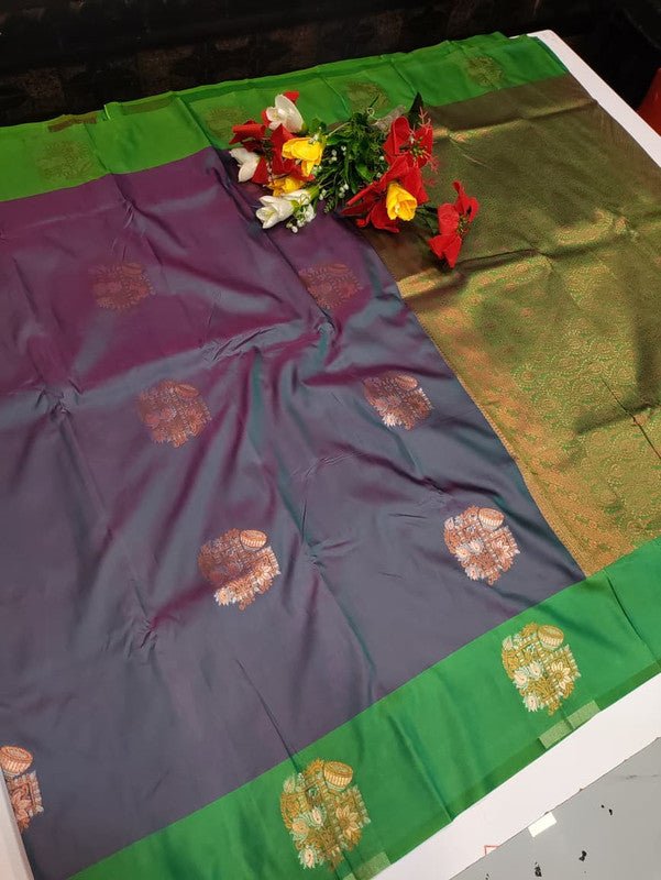 Dhaniya Soft Silk Collection saree with elegant traditional soft silk design for wedding and festive wear from Sri Sakthi Pugazh Tex Salem Tamil Nadu