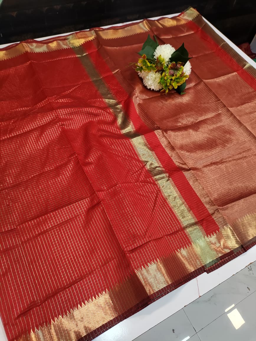 Raw Banarasi Checks Zari Saree for Wedding Wear Women