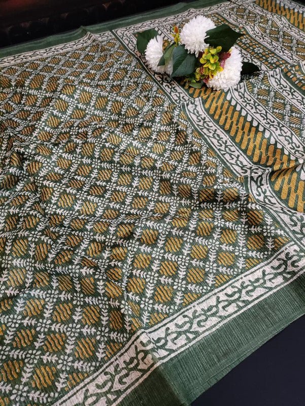Green Leaf Jute Fancy Saree for Party Wear with Contrast Blouse