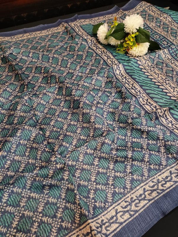 Green Leaf Jute Fancy Saree for Party Wear with Contrast Blouse