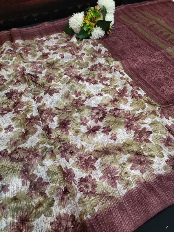 Green Leaf Jute Fancy Saree for Party Wear with Contrast Blouse