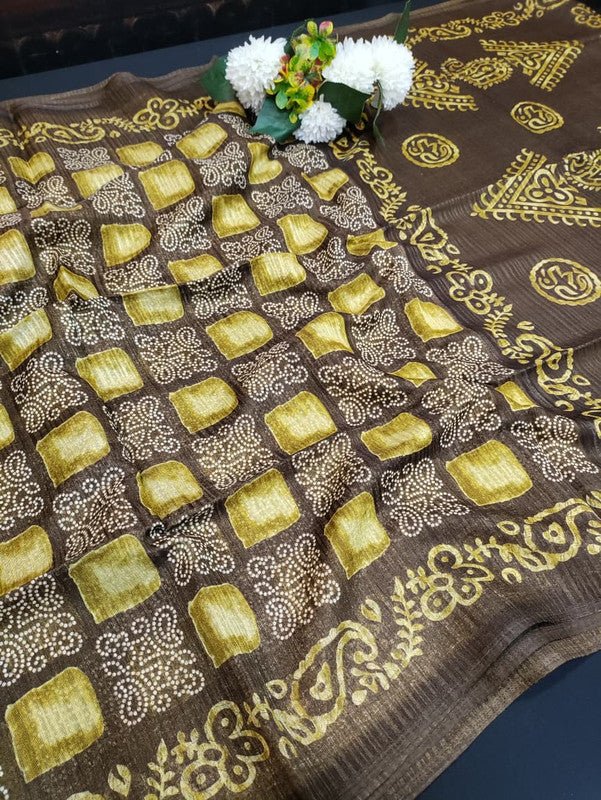 Green Leaf Jute Fancy Saree for Party Wear with Contrast Blouse