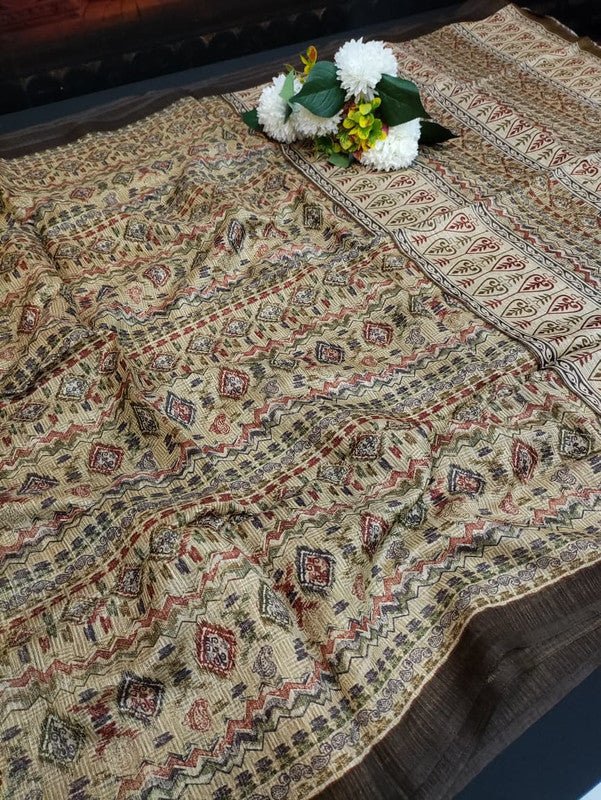 Green Leaf Jute Fancy Saree for Party Wear with Contrast Blouse