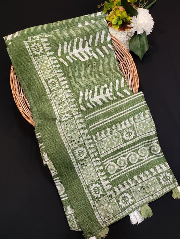 Green Leaf Jute Fancy Saree for Party Wear with Contrast Blouse
