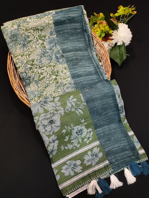 Green Leaf Jute Fancy Saree for Party Wear with Contrast Blouse