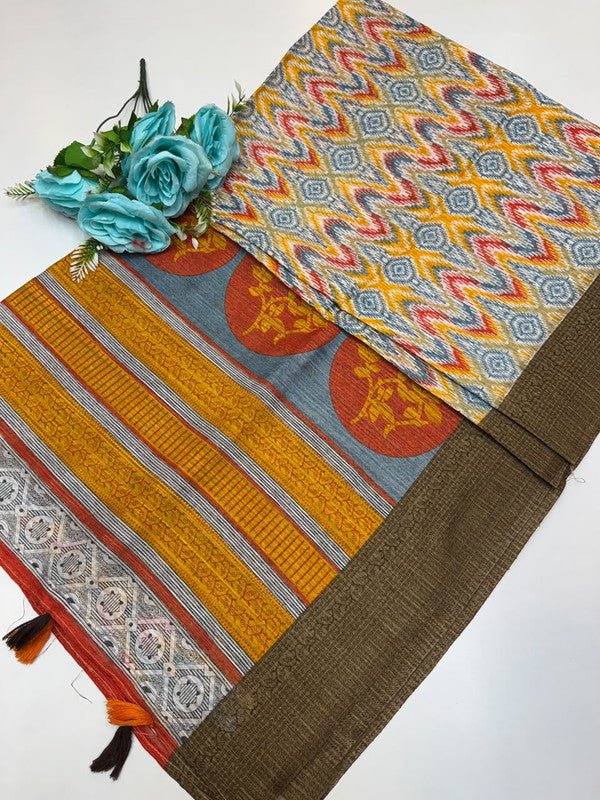 Green Leaf Jute Fancy Saree for Party Wear with Contrast Blouse