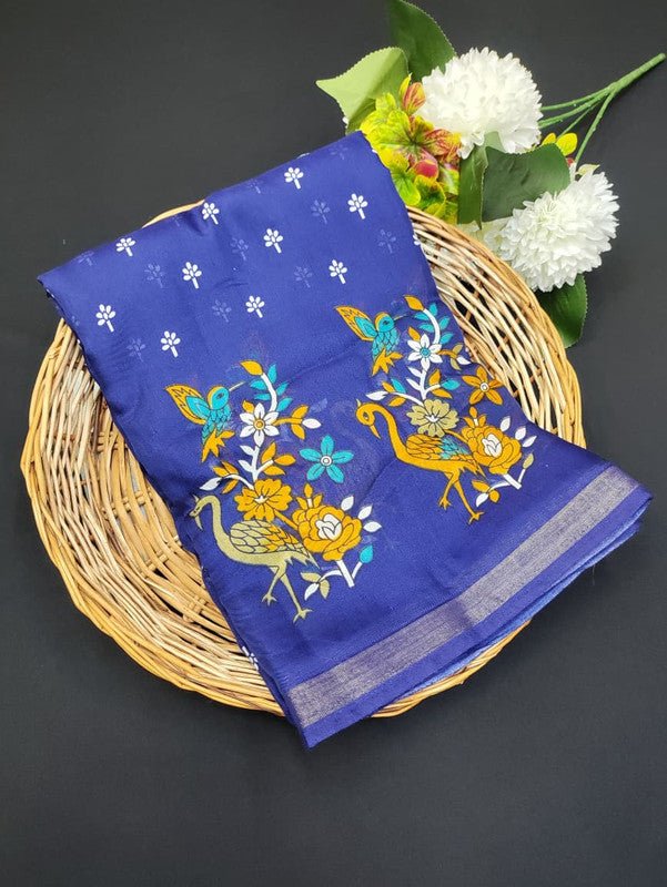 Mal Cotton Saree with small zari border and printed design for festive wear