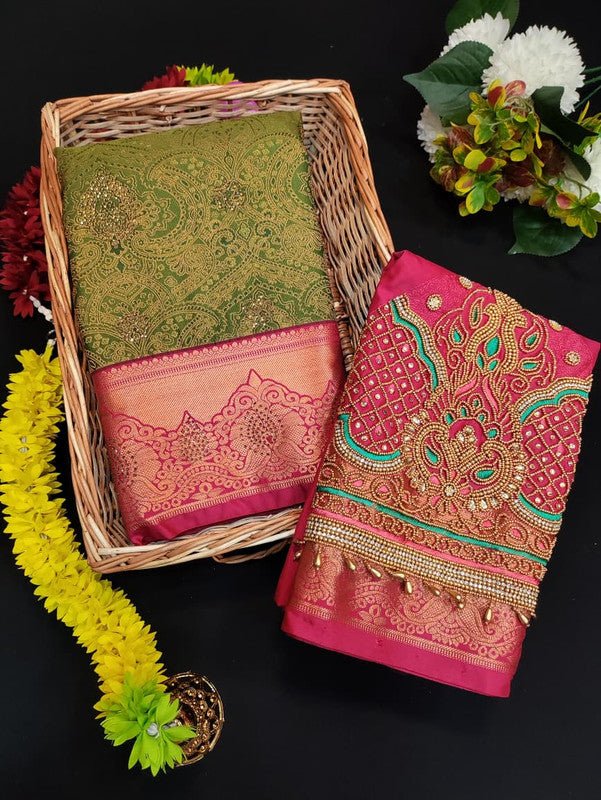 Meenakshi Thirukalyanam Silk Saree with Zari and Stone Work for Wedding Wear
