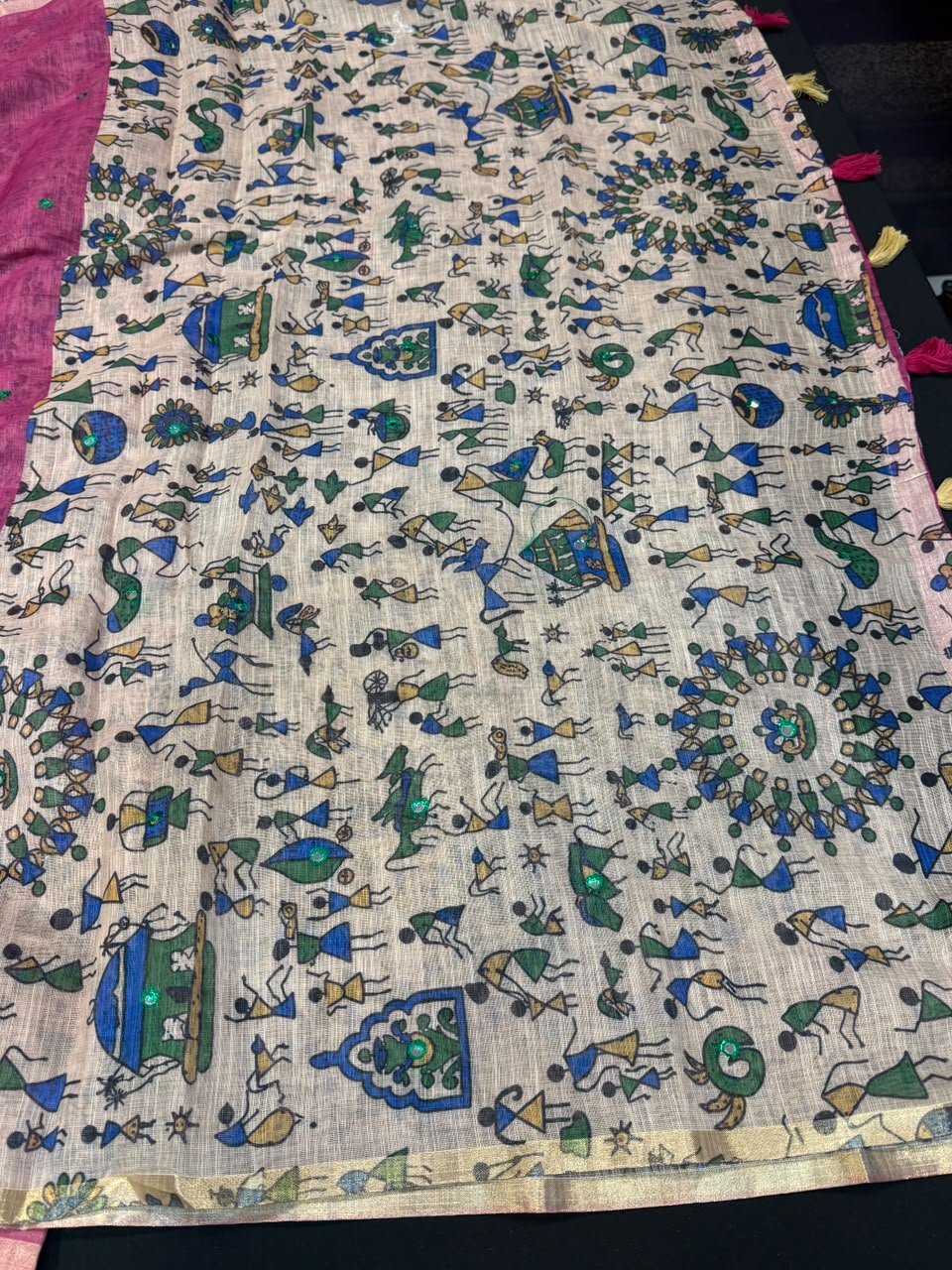 Mina Linen Printed Saree with Mirror Work for Festival Wear