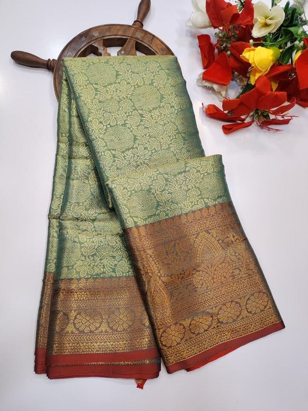 One gram tissue saree with elegant shine and traditional design, front image.