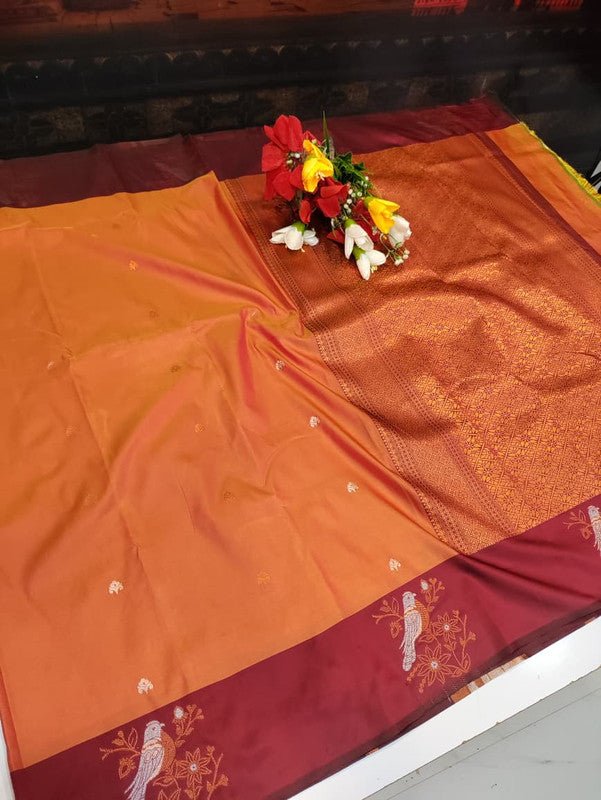 Poovizhi Soft Silk Saree with zari bird design for festival wear