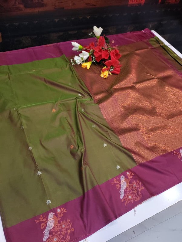 Poovizhi Soft Silk Saree with zari bird design for festival wear