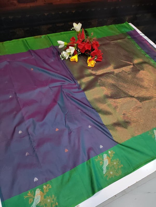Poovizhi Soft Silk Saree with zari bird design for festival wear