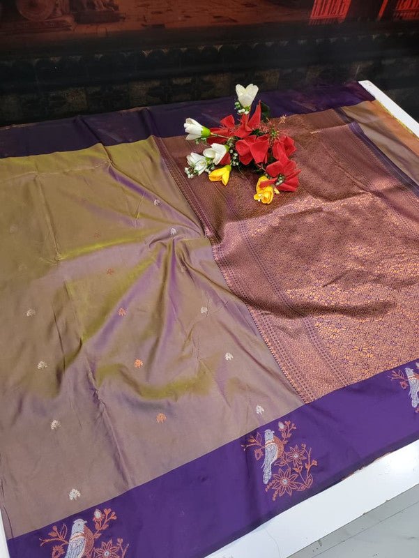 Poovizhi Soft Silk Saree with zari bird design for festival wear