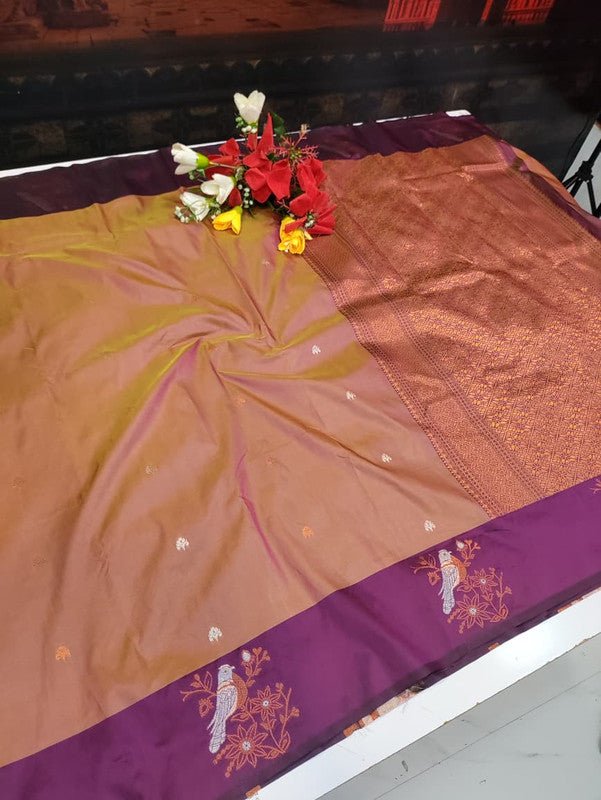 Poovizhi Soft Silk Saree with zari bird design for festival wear