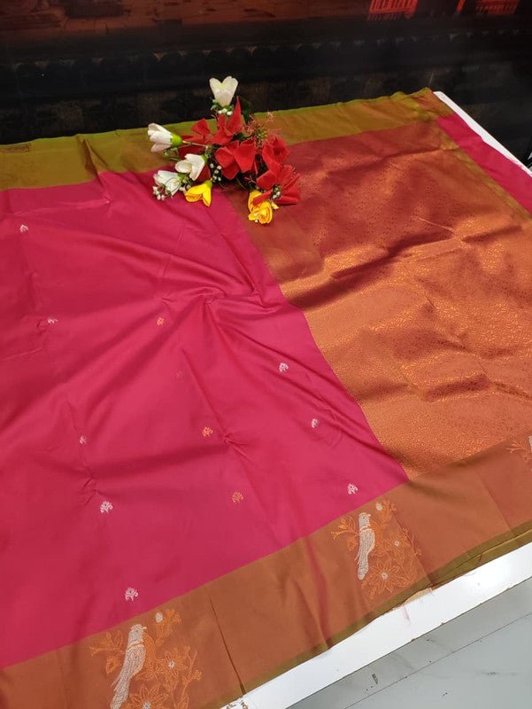 Poovizhi Soft Silk Saree with zari bird design for festival wear