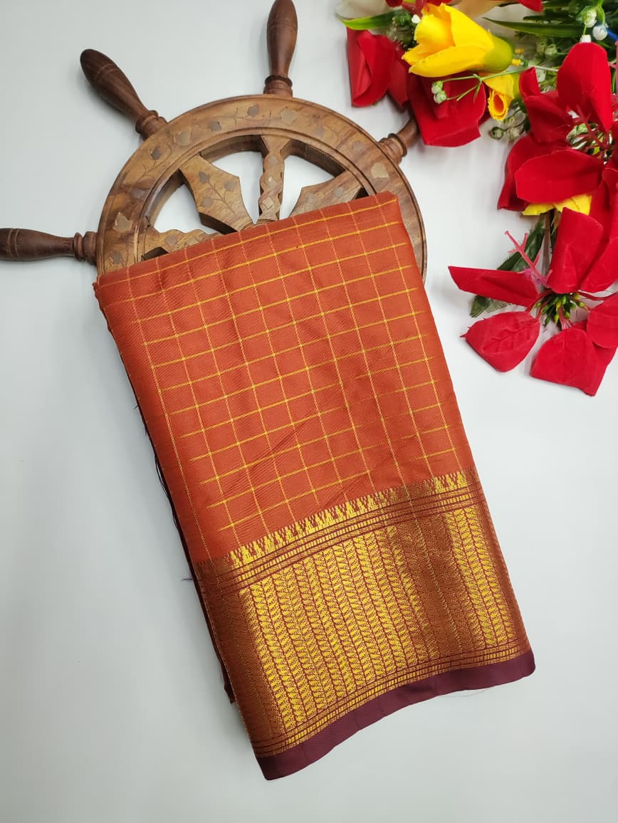 Rust Orange Checks Saree RG36 - Sri Sakthi Pugazh Tex - Saree