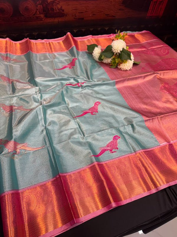 Sneha Inspired Tissue Saree with Zari Parrot Design for Wedding Wear
