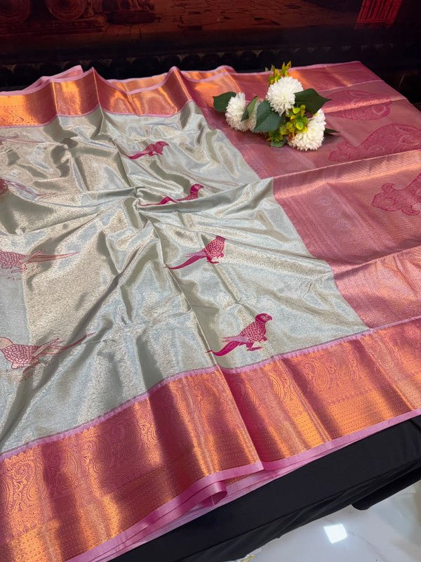Sneha Inspired Tissue Saree with Zari Parrot Design for Wedding Wear