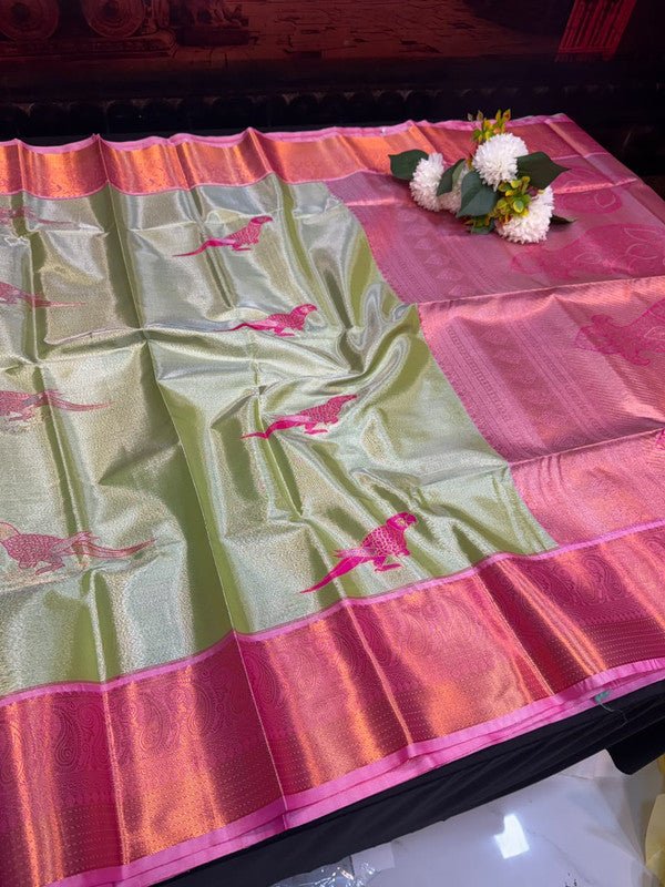 Sneha Inspired Tissue Saree with Zari Parrot Design for Wedding Wear