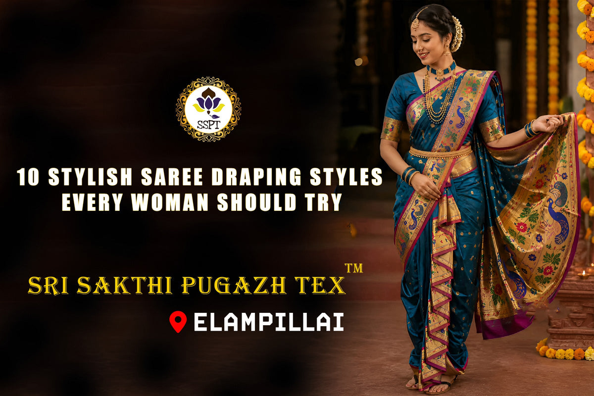 Indian woman trying different saree draping styles in colorful silk sarees