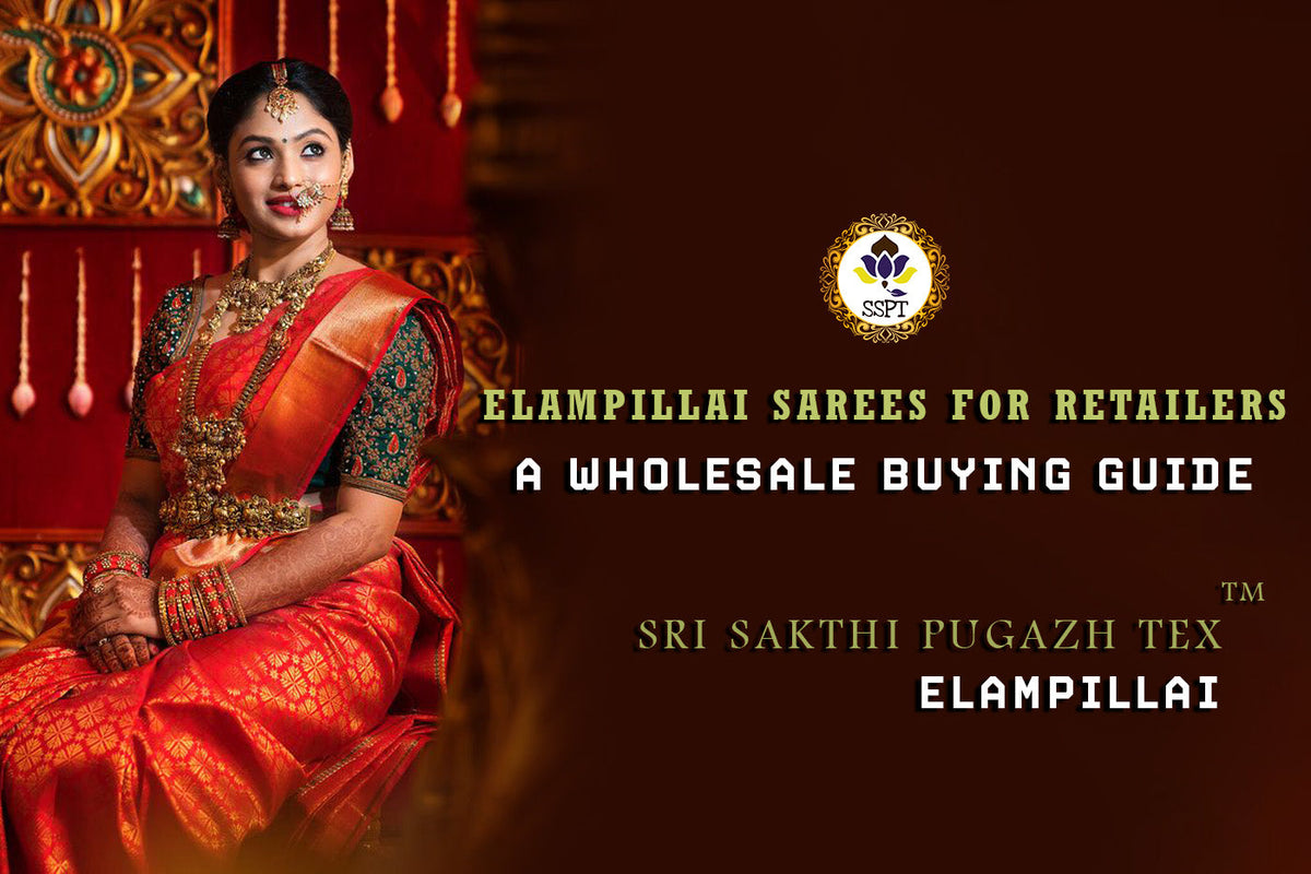 Retailer examining stacked Elampillai sarees for wholesale purchase at Sri Sakthi Pugazh Tex