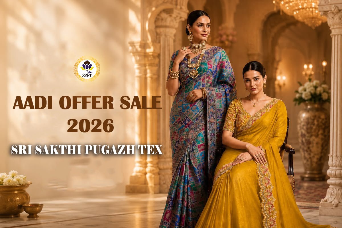 Women browsing colorful silk sarees during Aadi Offer Sale 2026 at Sri Sakthi Pugazh Tex