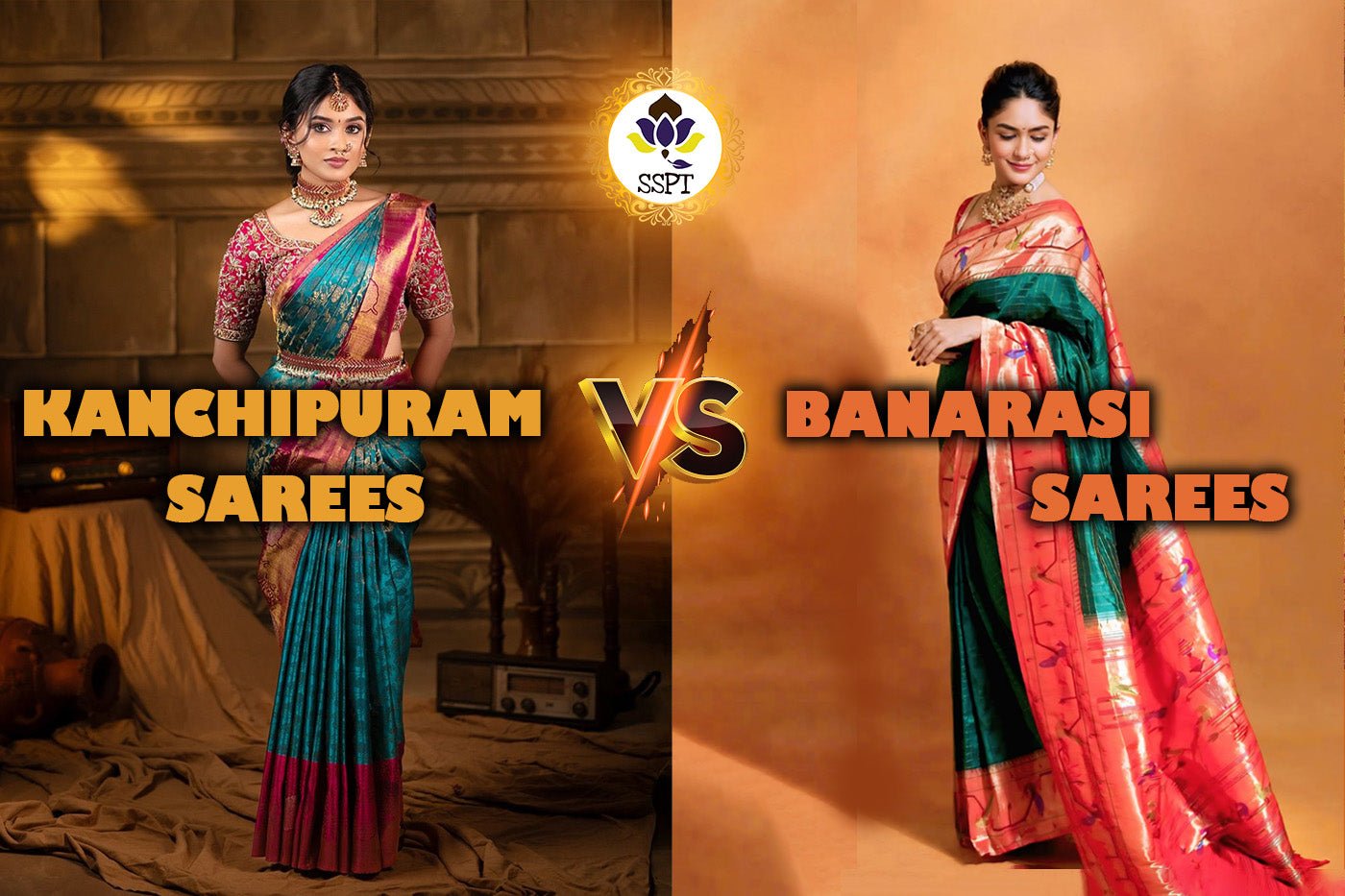 Banarasi sarees and Kanchipuram sarees displayed side by side for comparison