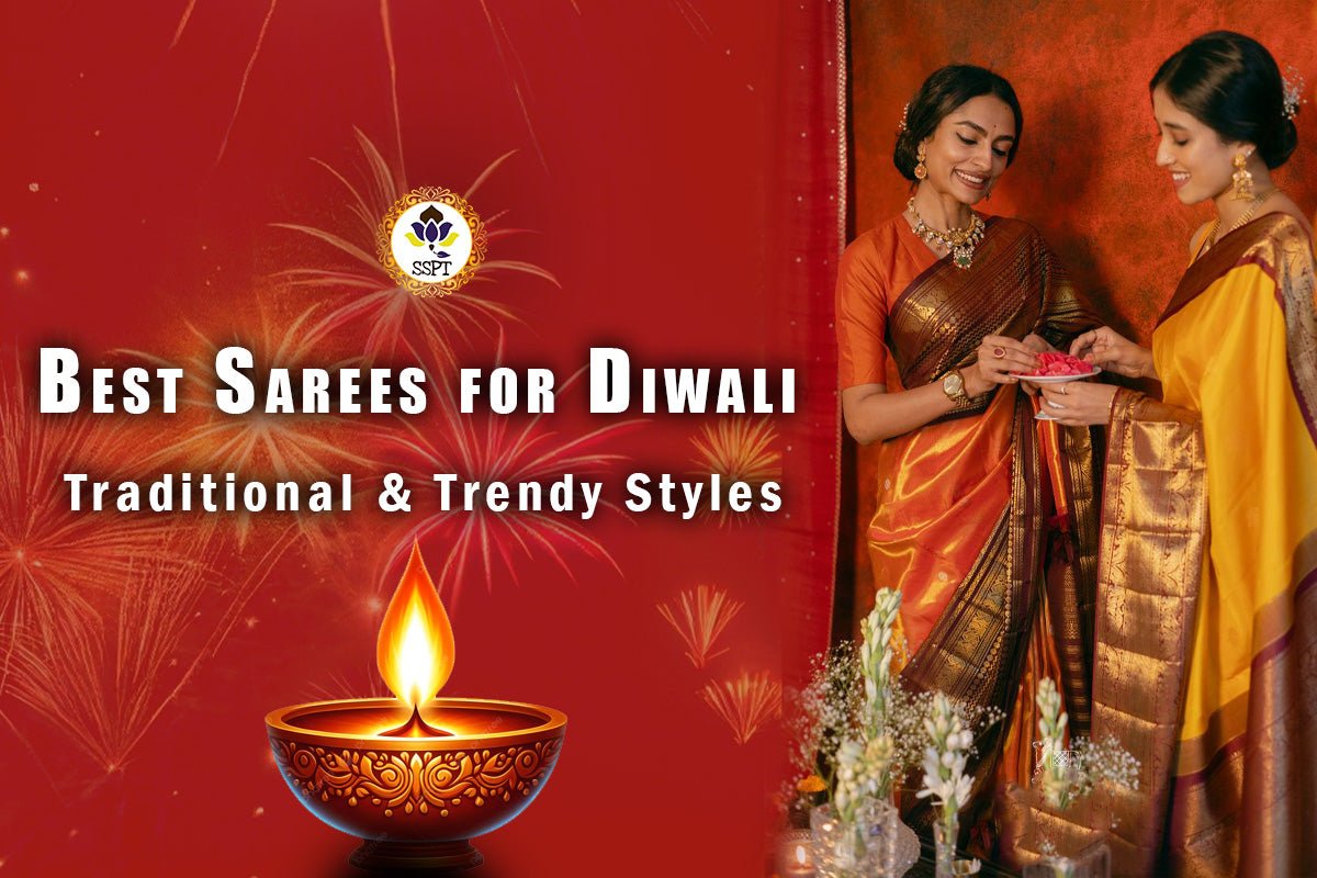 Woman wearing a traditional silk sarees for Diwali celebration from Sri Sakthi Pugazh Tex